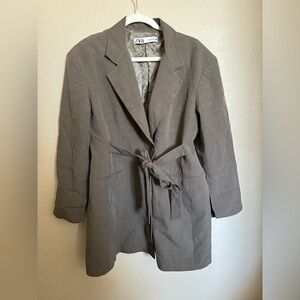 Zara Belted Plaid Blazer Coat Sz Large Brown Grey